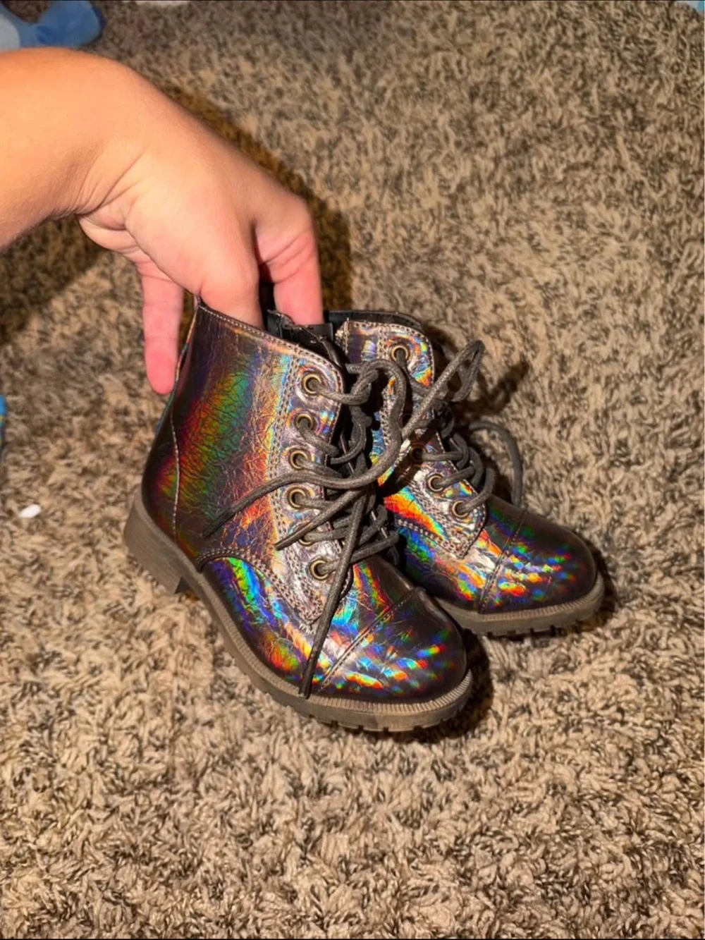 Kids Holographic Lace-Up Ankle Boots - Iridescent Black